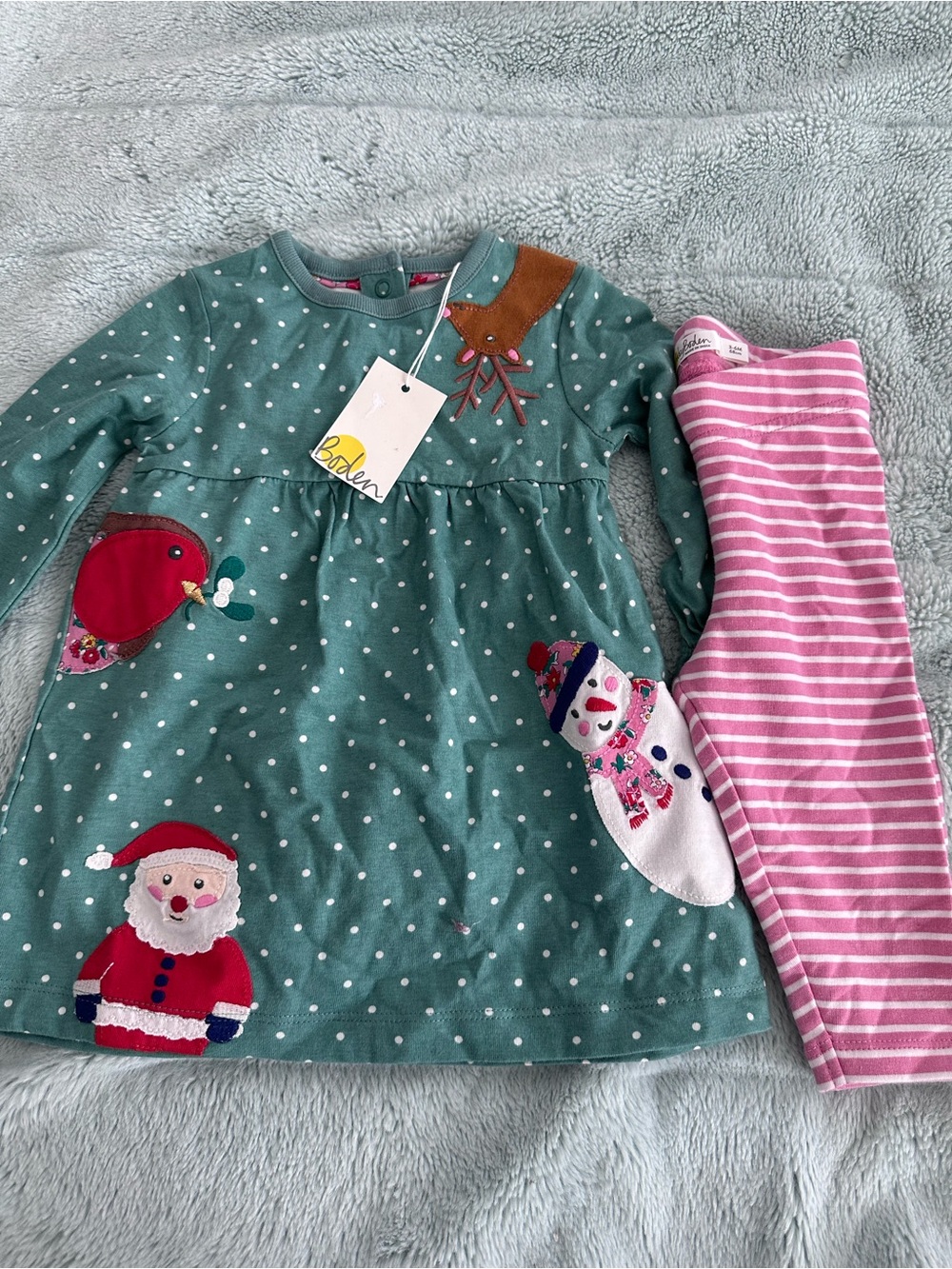 Baby Boden Green Polka Dot Holiday Dress with Pink Stripe Leggings- NWT